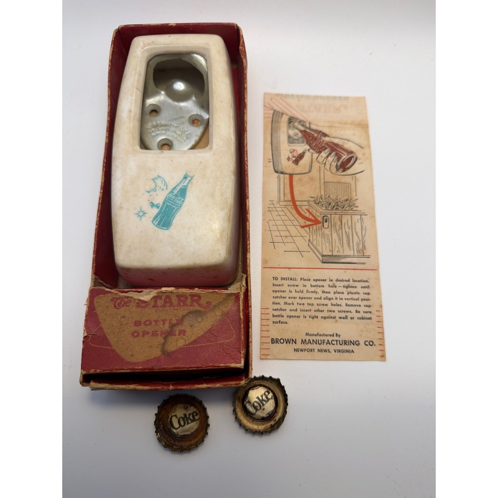 Vintage Coca-Cola Starr Wall Mount Bottle Opener Cap Catcher Brown Mfg Co Box